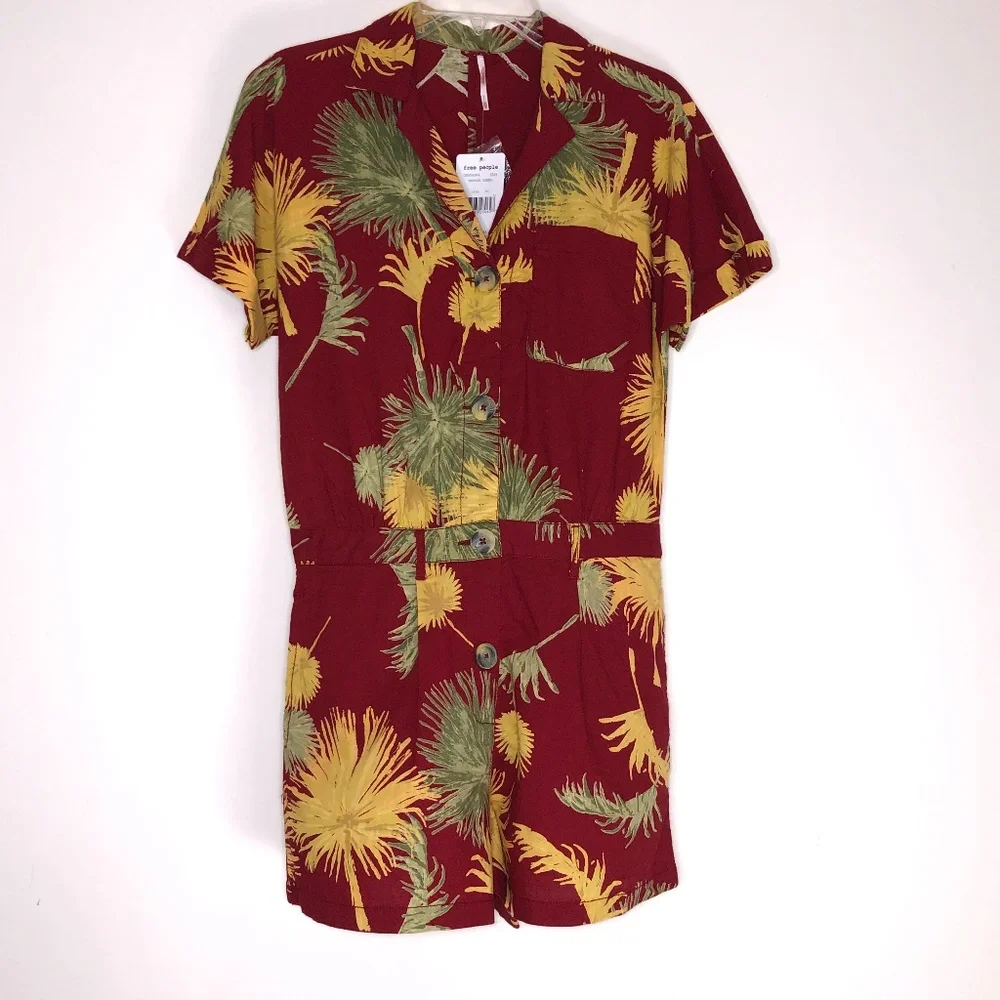 FREE PEOPLE Maroon Combo Malibu Tropical Print Romper Jumpsuit Sz XS - Picture 3 of 16